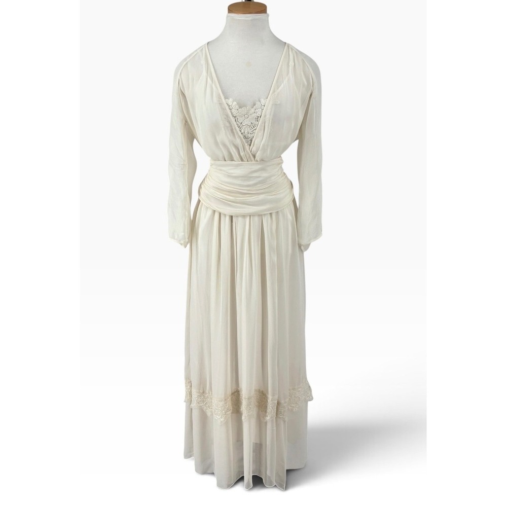 Vintage Maxi Prairie Dress Women Size 10 Ivory Edwardian Wedding Cottagecore